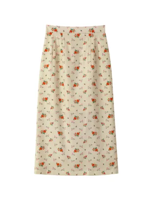 Flower Print Chiffon Pencil Midi Skirt - Beige