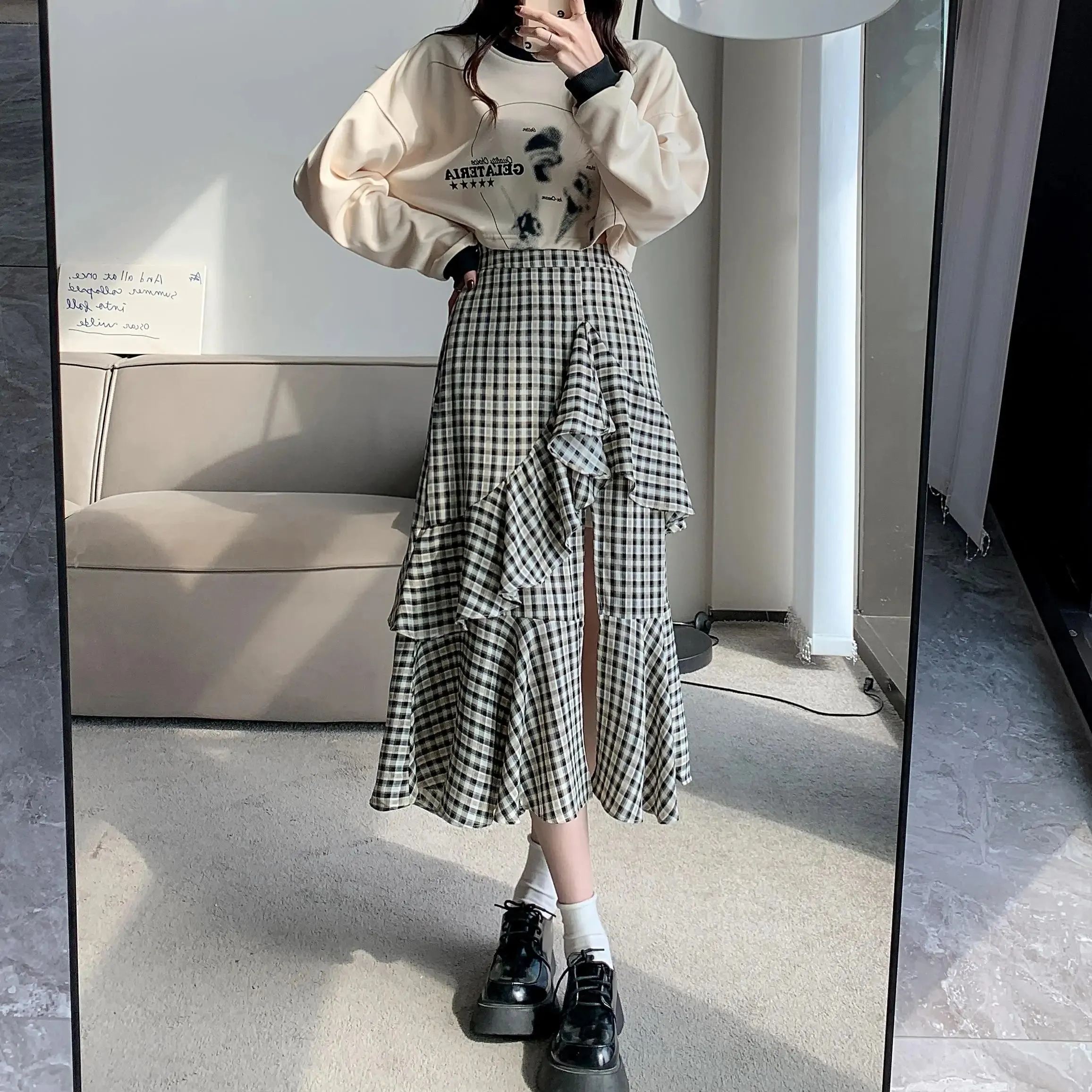 Girlary Women's Plaid A-line Skirt Vintage Y2k 90s Aesthetic Asymmetrical Skirt Harajuku Korean Elegant Skirts 2000s Clothes 2024 Summer