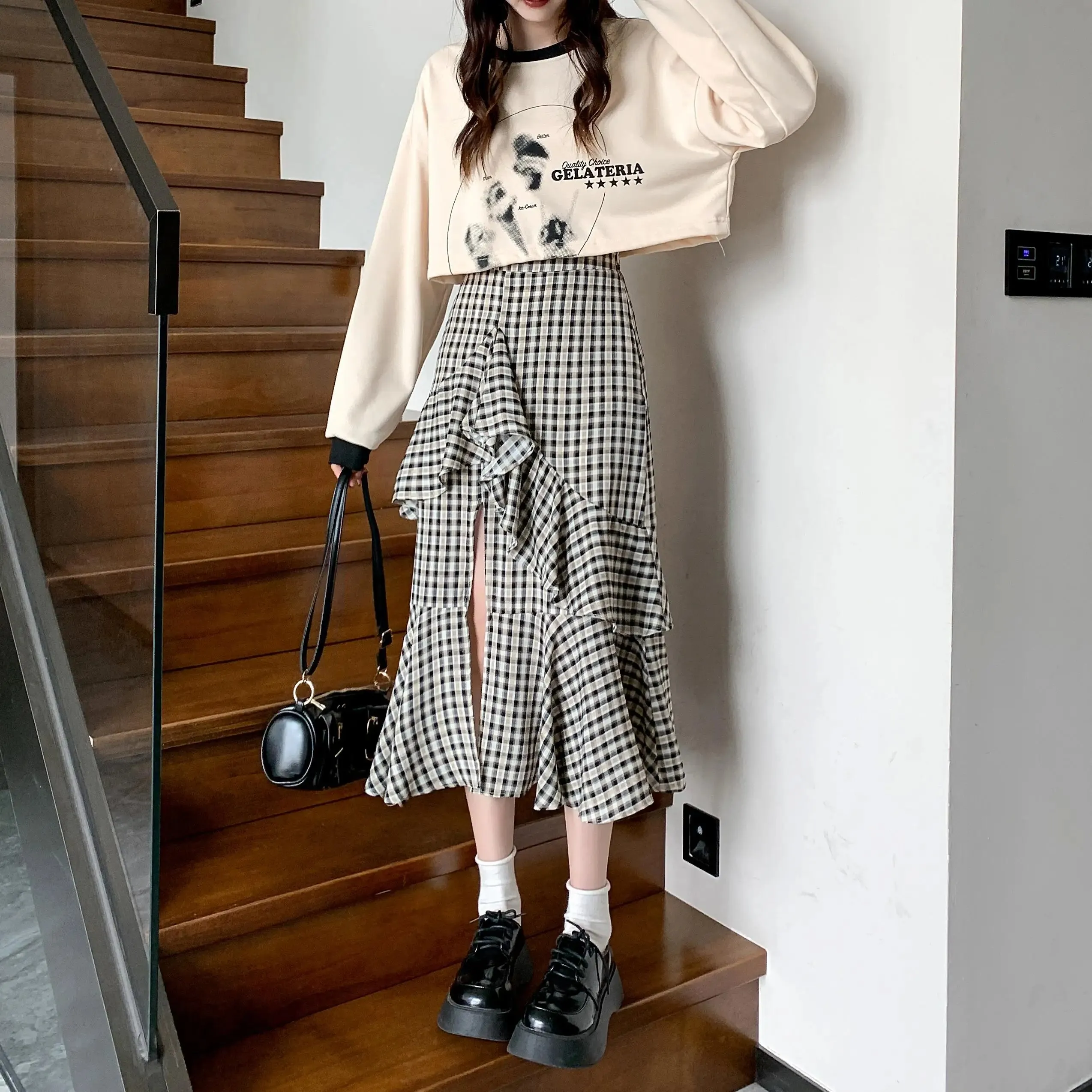 Girlary Women's Plaid A-line Skirt Vintage Y2k 90s Aesthetic Asymmetrical Skirt Harajuku Korean Elegant Skirts 2000s Clothes 2024 Summer