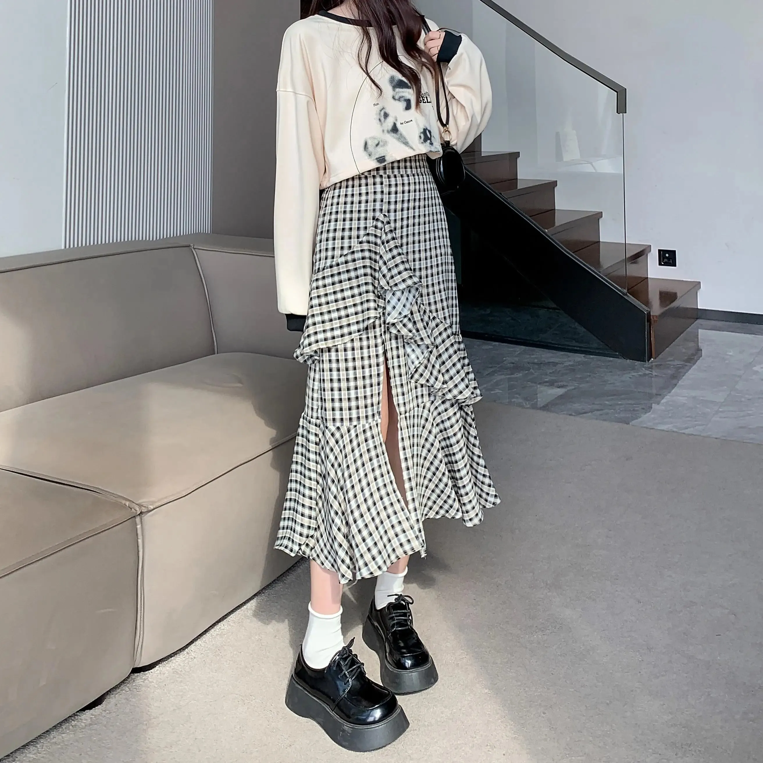 Girlary Women's Plaid A-line Skirt Vintage Y2k 90s Aesthetic Asymmetrical Skirt Harajuku Korean Elegant Skirts 2000s Clothes 2024 Summer
