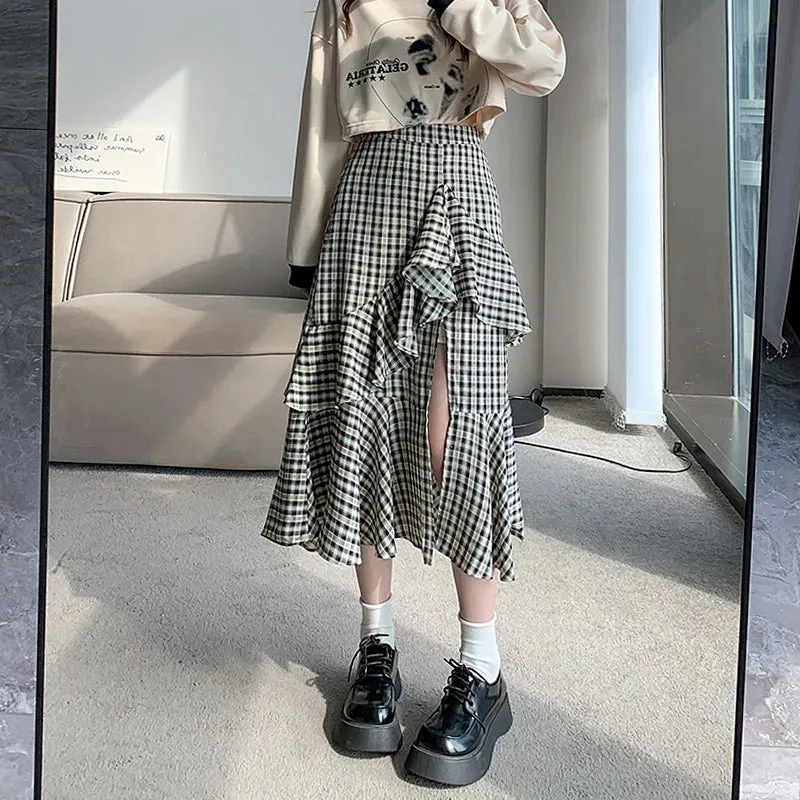 Girlary Women's Plaid A-line Skirt Vintage Y2k 90s Aesthetic Asymmetrical Skirt Harajuku Korean Elegant Skirts 2000s Clothes 2024 Summer