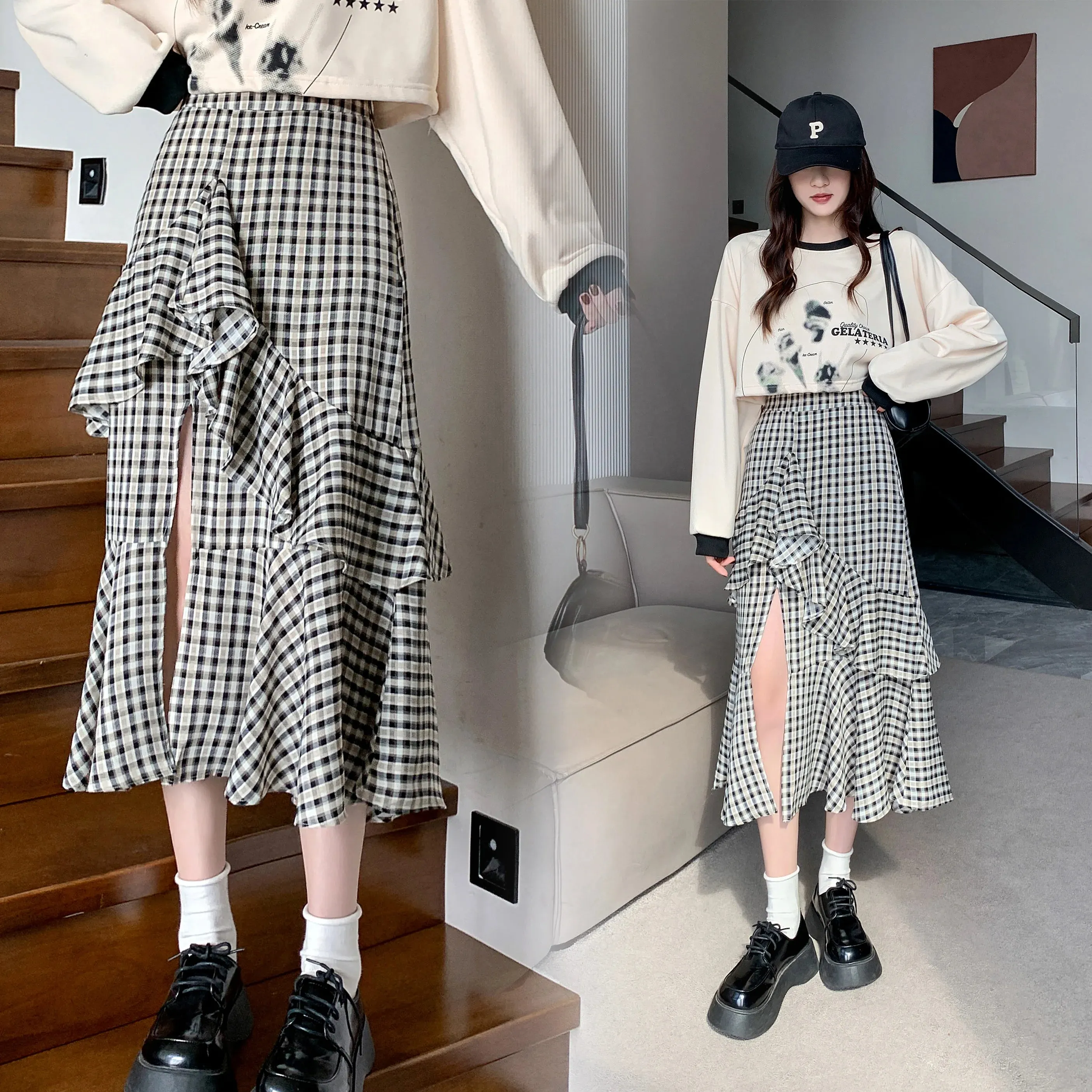 Girlary Women's Plaid A-line Skirt Vintage Y2k 90s Aesthetic Asymmetrical Skirt Harajuku Korean Elegant Skirts 2000s Clothes 2024 Summer