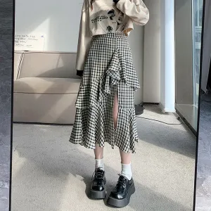 Girlary Women's Plaid A-line Skirt Vintage Y2k 90s Aesthetic Asymmetrical Skirt Harajuku Korean Elegant Skirts 2000s Clothes 2024 Summer