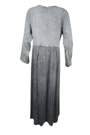 Gray Vintage Maxi Dress, Floral Embroidered, Rayon, Boho Retro Chic Maxidress L