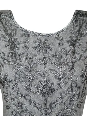 Gray Vintage Maxi Dress, Floral Embroidered, Rayon, Boho Retro Chic Maxidress L