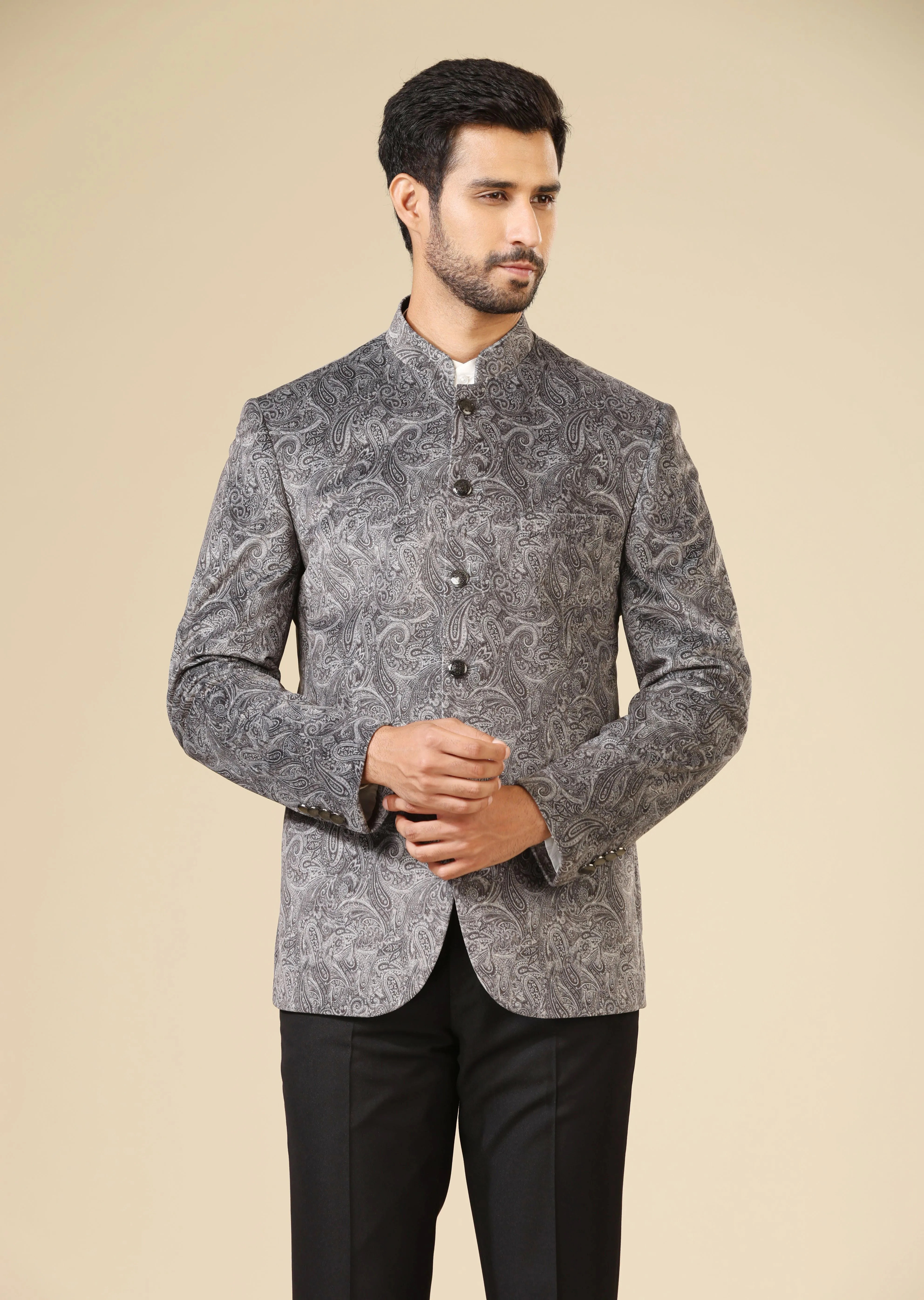 Grey Printed Velvet bandhgala