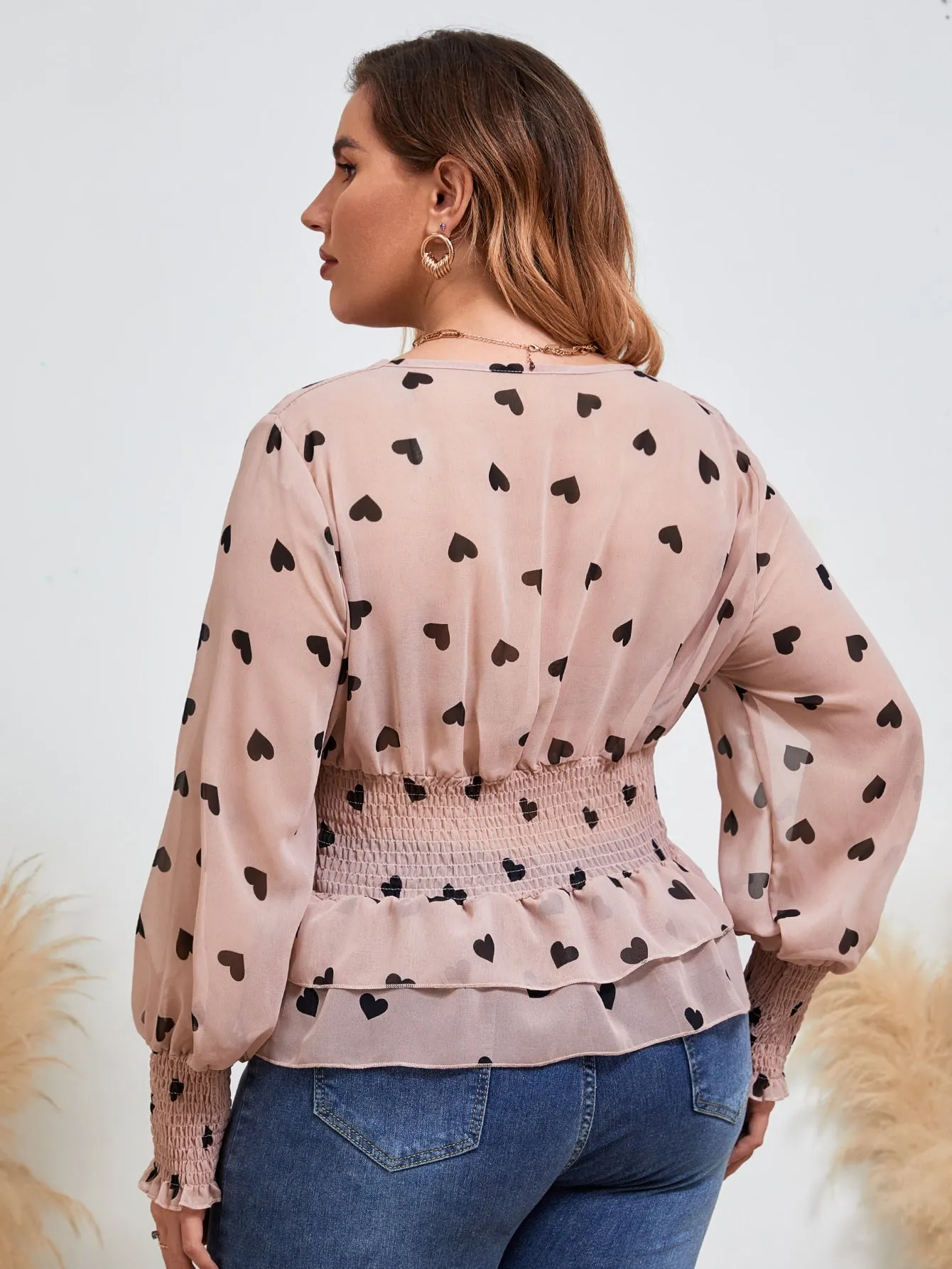Heart Shirred Long Sleeve V Neck Flared Regular Plus Size Blouse