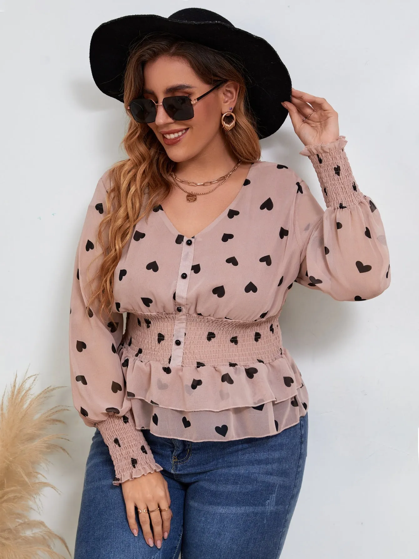 Heart Shirred Long Sleeve V Neck Flared Regular Plus Size Blouse