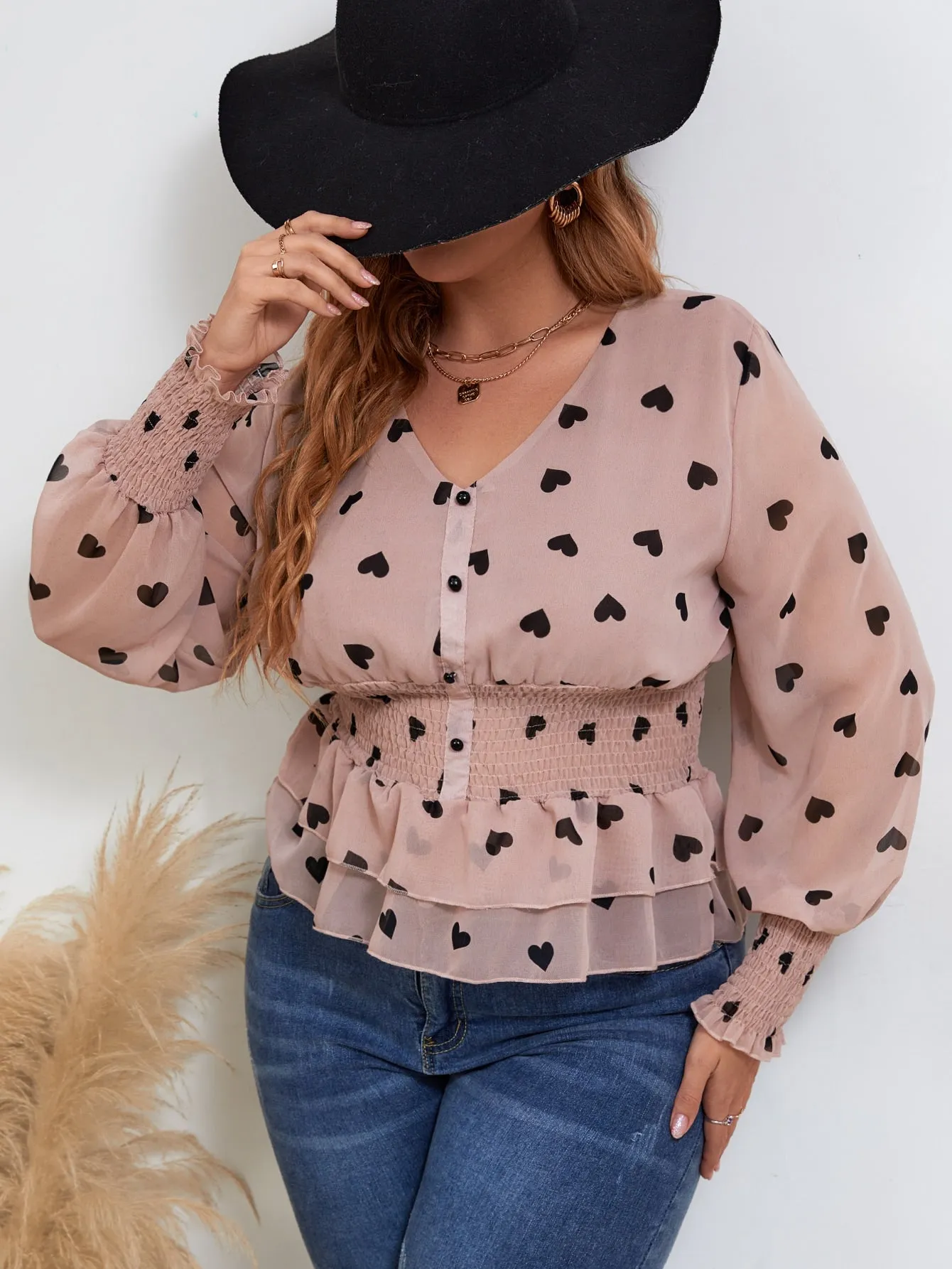 Heart Shirred Long Sleeve V Neck Flared Regular Plus Size Blouse