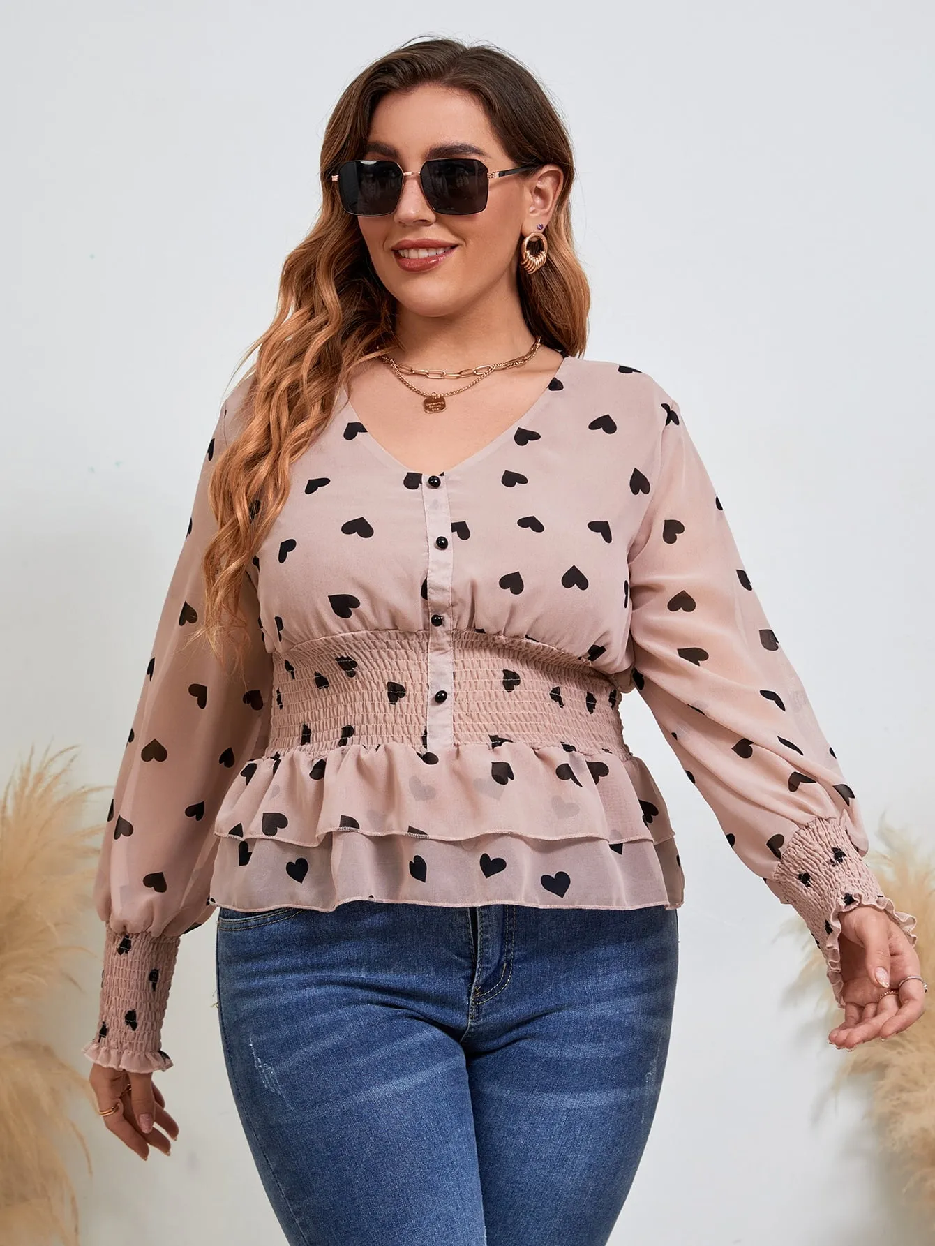 Heart Shirred Long Sleeve V Neck Flared Regular Plus Size Blouse