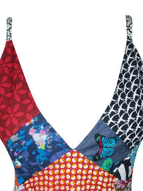 Hippie Dress V-Neck Cotton Midi Red Patchwork Sexy Strap Dress M/L