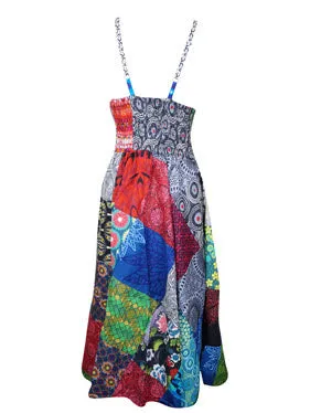 Hippie Dress V-Neck Cotton Midi Red Patchwork Sexy Strap Dress M/L