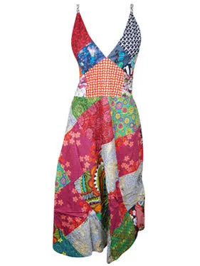 Hippie Dress V-Neck Cotton Midi Red Patchwork Sexy Strap Dress M/L