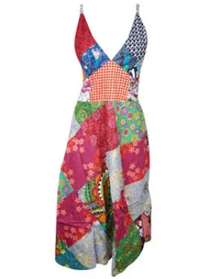 Hippie Dress V-Neck Cotton Midi Red Patchwork Sexy Strap Dress M/L