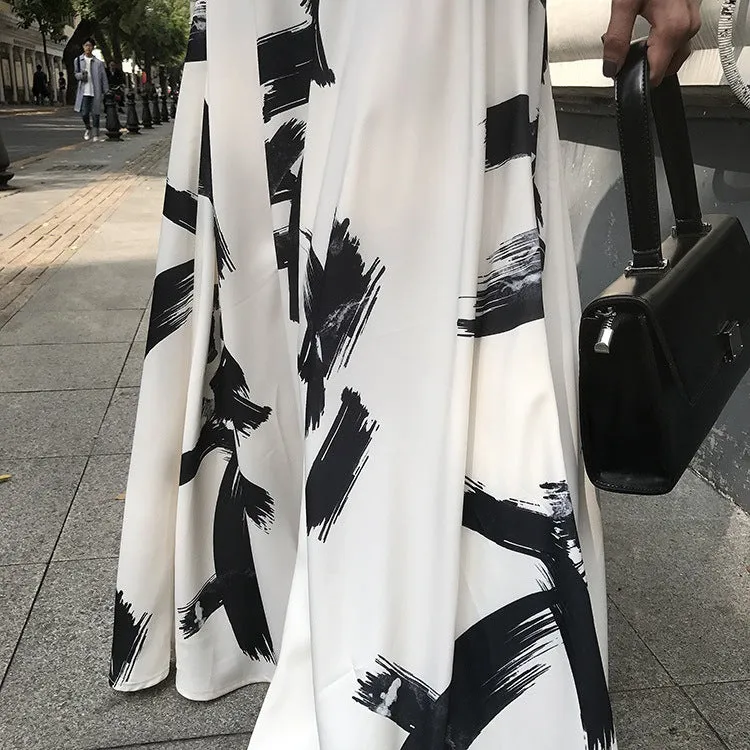 Ink Print High Waist Split Long Beach Swing A-line Skirt