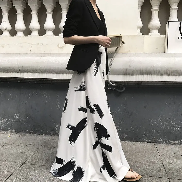 Ink Print High Waist Split Long Beach Swing A-line Skirt