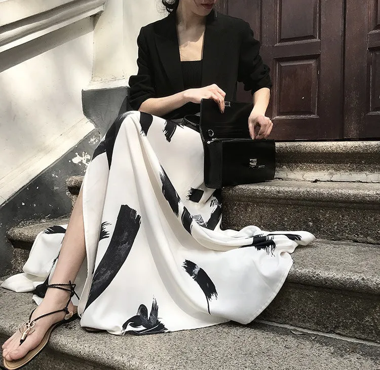 Ink Print High Waist Split Long Beach Swing A-line Skirt