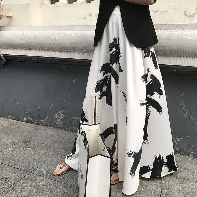 Ink Print High Waist Split Long Beach Swing A-line Skirt