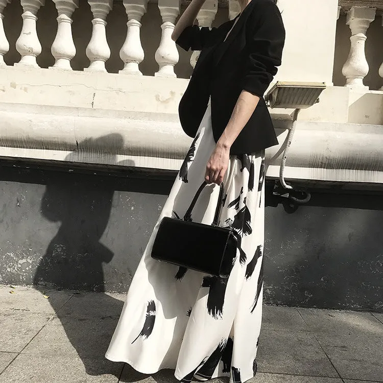 Ink Print High Waist Split Long Beach Swing A-line Skirt