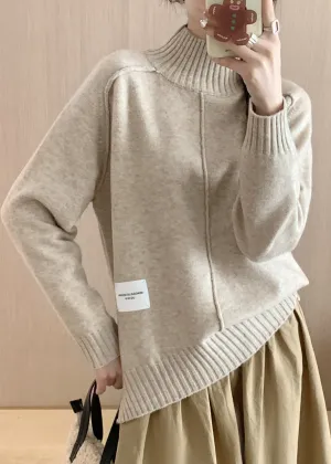 Italian Beige Turtleneck Side Open Thick Cotton Knit Sweaters Winter
