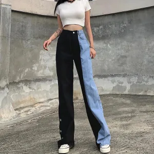 KittenAlarm - Alia High Waist Two-tone Patchwork Denim Jeans