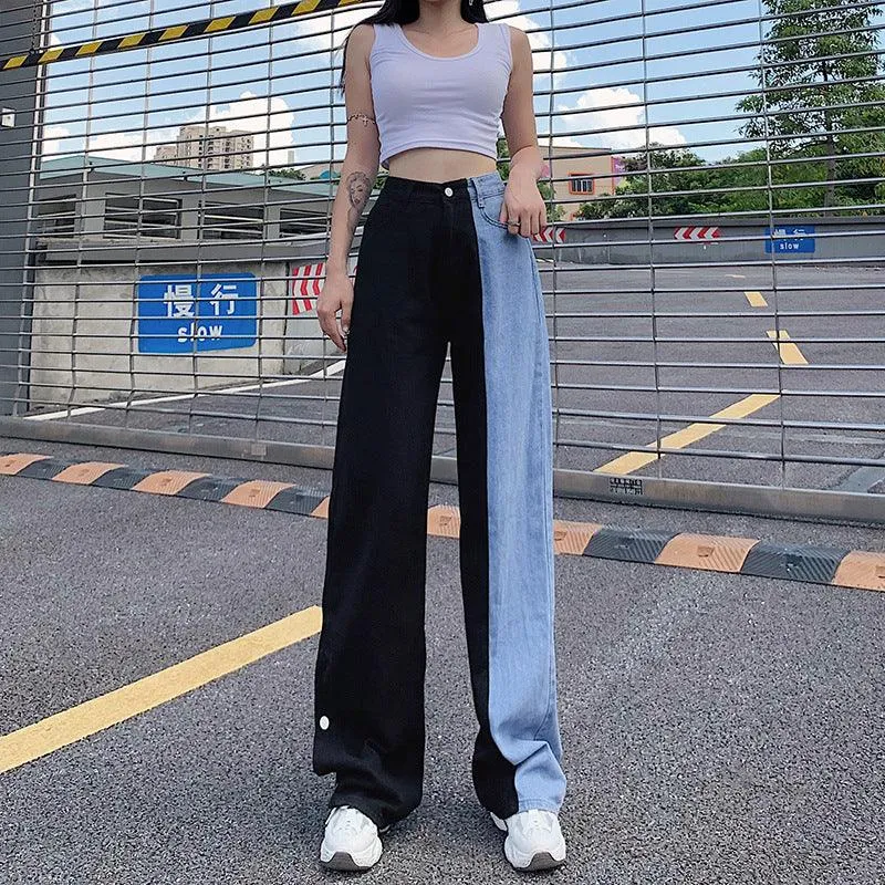 KittenAlarm - Alia High Waist Two-tone Patchwork Denim Jeans