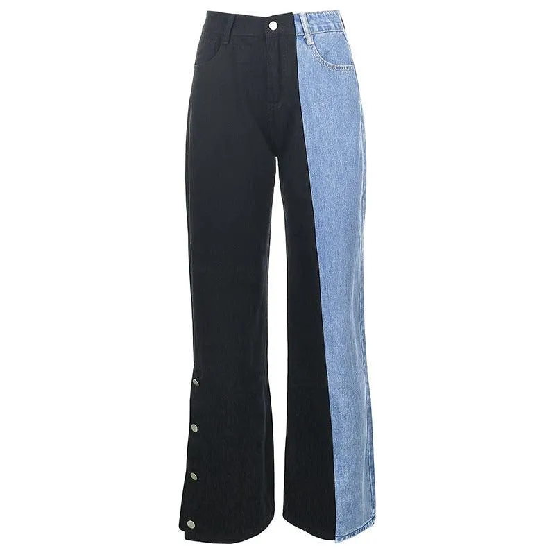 KittenAlarm - Alia High Waist Two-tone Patchwork Denim Jeans