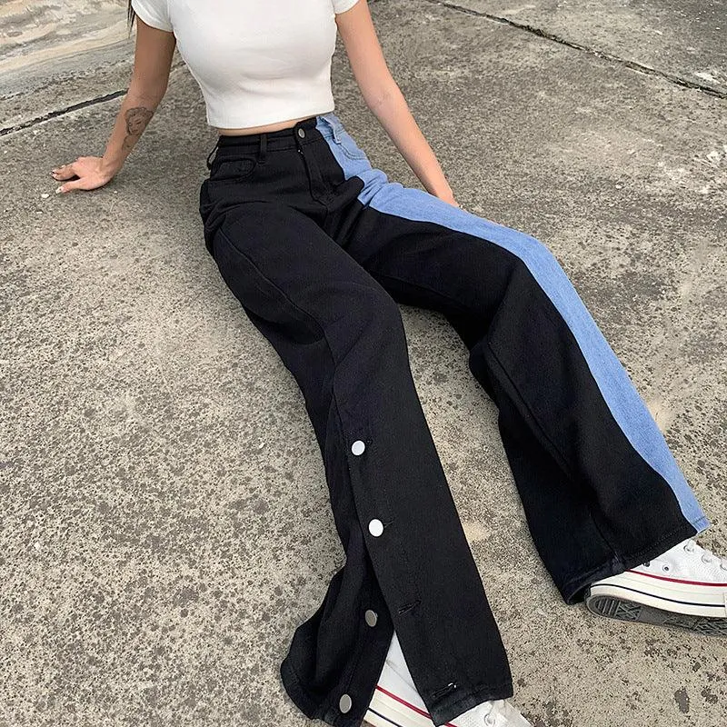 KittenAlarm - Alia High Waist Two-tone Patchwork Denim Jeans