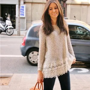 Lace Trim Pure Color Loose Knit Sweater