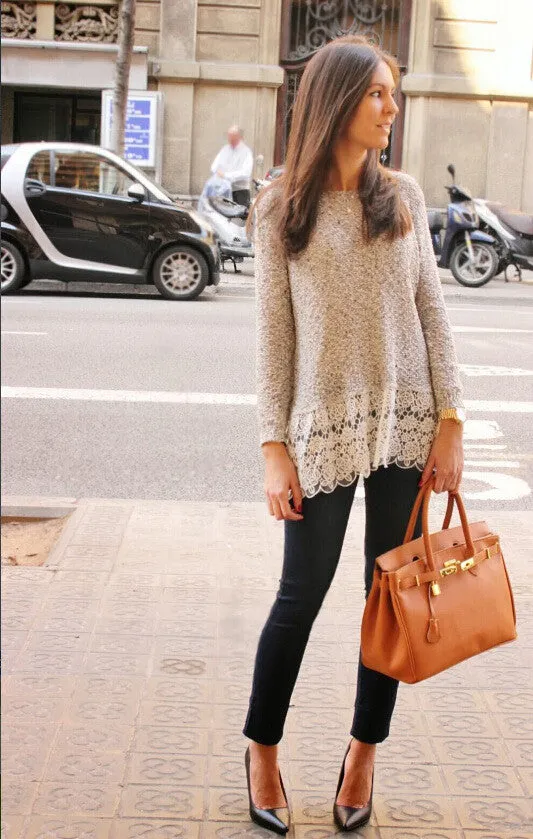 Lace Trim Pure Color Loose Knit Sweater