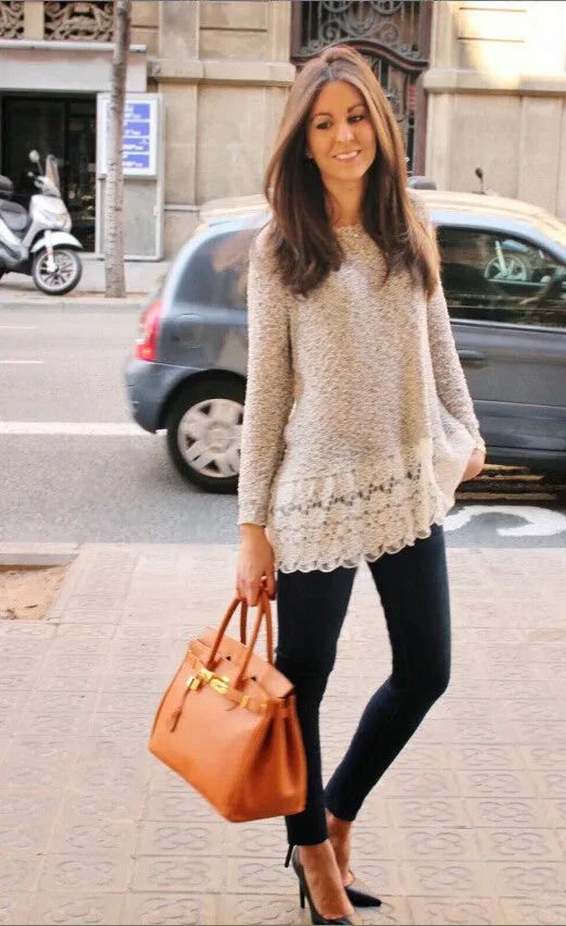 Lace Trim Pure Color Loose Knit Sweater
