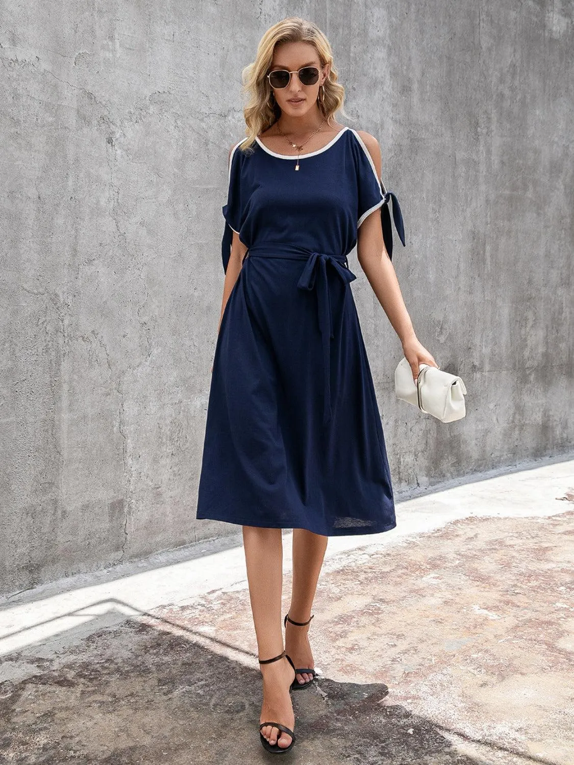 Leisure Chic Crew Neck Cold Shoulder Midi Dress