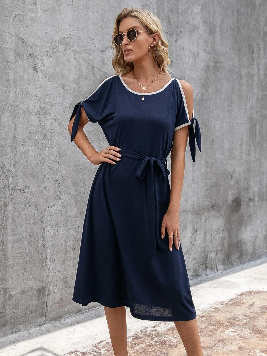 Leisure Chic Crew Neck Cold Shoulder Midi Dress