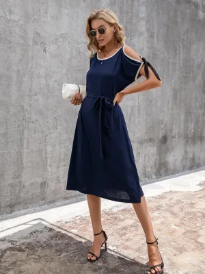 Leisure Chic Crew Neck Cold Shoulder Midi Dress