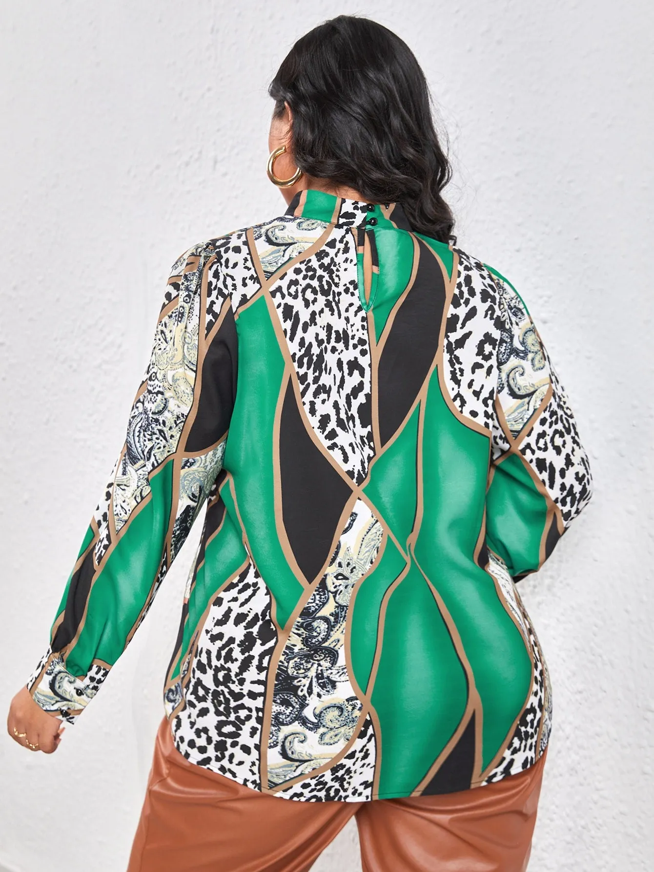 Leopard Button Long Sleeve Stand Collar Regular Plus Size Blouse