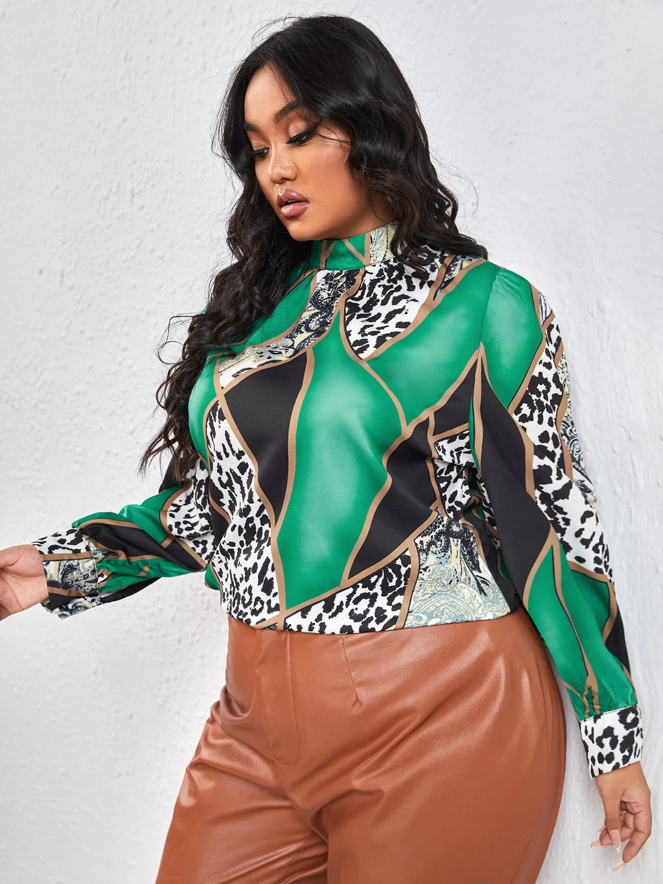 Leopard Button Long Sleeve Stand Collar Regular Plus Size Blouse