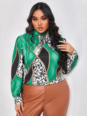 Leopard Button Long Sleeve Stand Collar Regular Plus Size Blouse