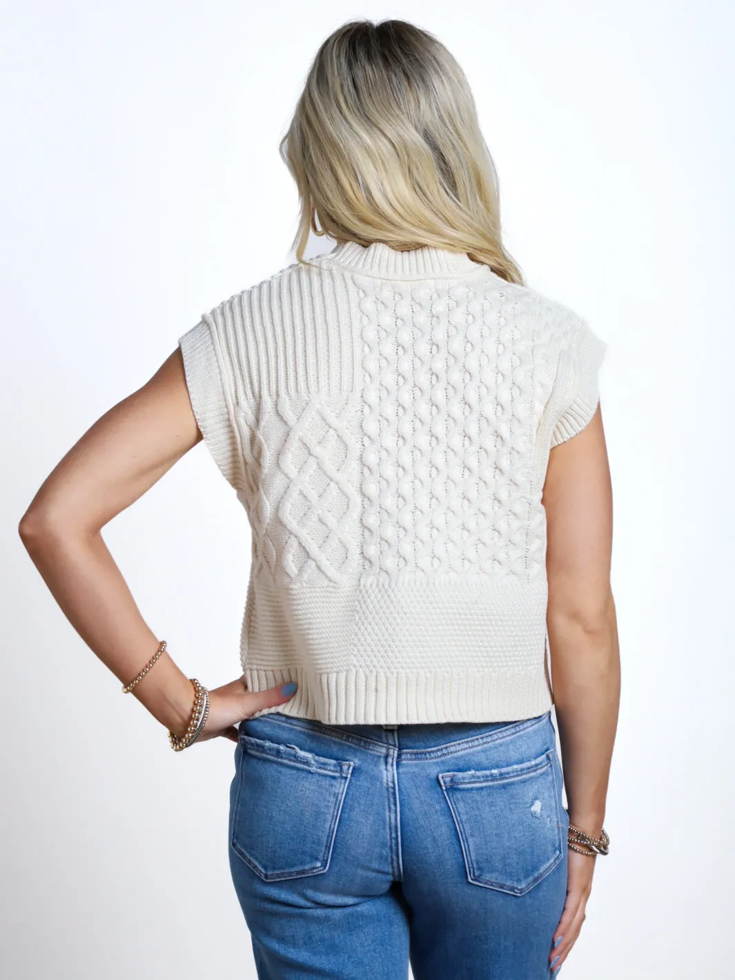 Let's Debrief Sleeveless Cable Knit Sweater