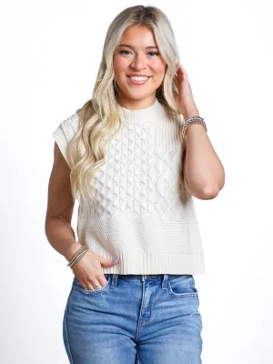 Let's Debrief Sleeveless Cable Knit Sweater