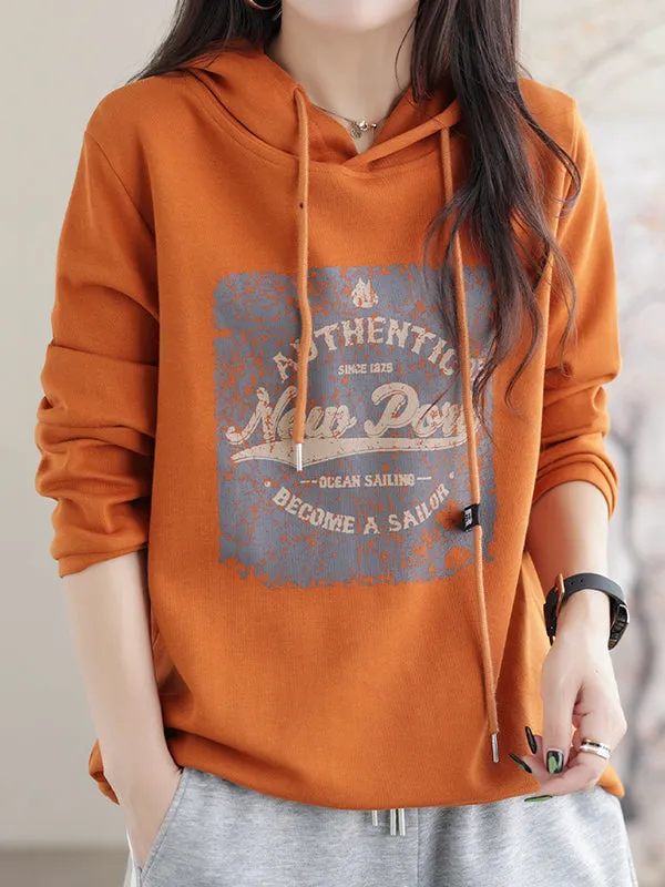 Long Sleeves Loose Drawstring Printed Hoodies Tops