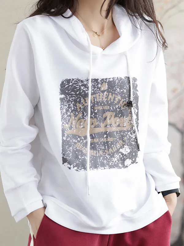 Long Sleeves Loose Drawstring Printed Hoodies Tops