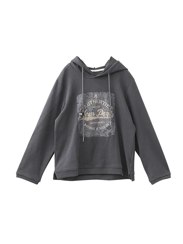 Long Sleeves Loose Drawstring Printed Hoodies Tops