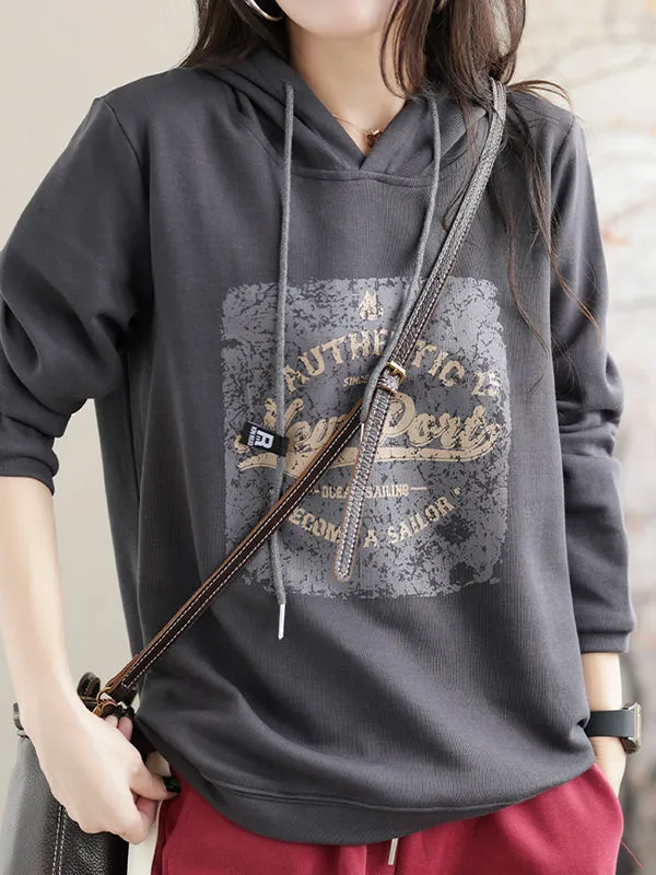 Long Sleeves Loose Drawstring Printed Hoodies Tops