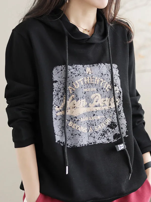Long Sleeves Loose Drawstring Printed Hoodies Tops