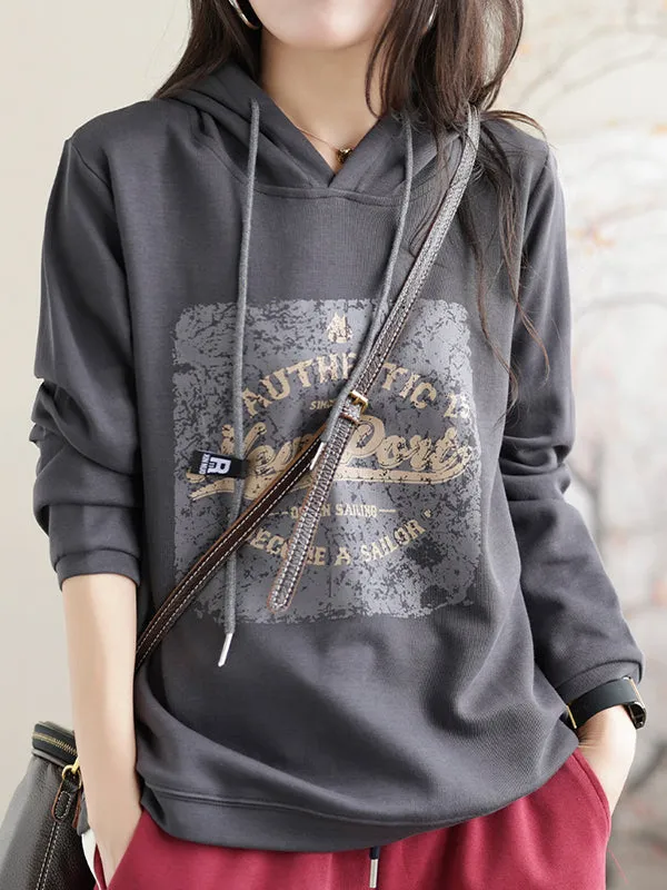 Long Sleeves Loose Drawstring Printed Hoodies Tops
