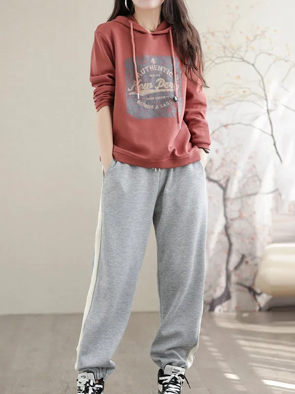 Long Sleeves Loose Drawstring Printed Hoodies Tops