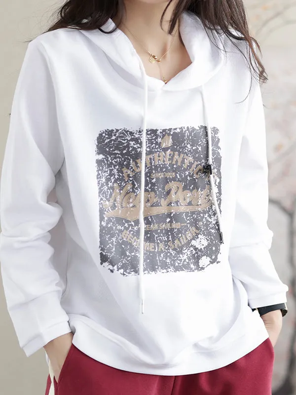 Long Sleeves Loose Drawstring Printed Hoodies Tops