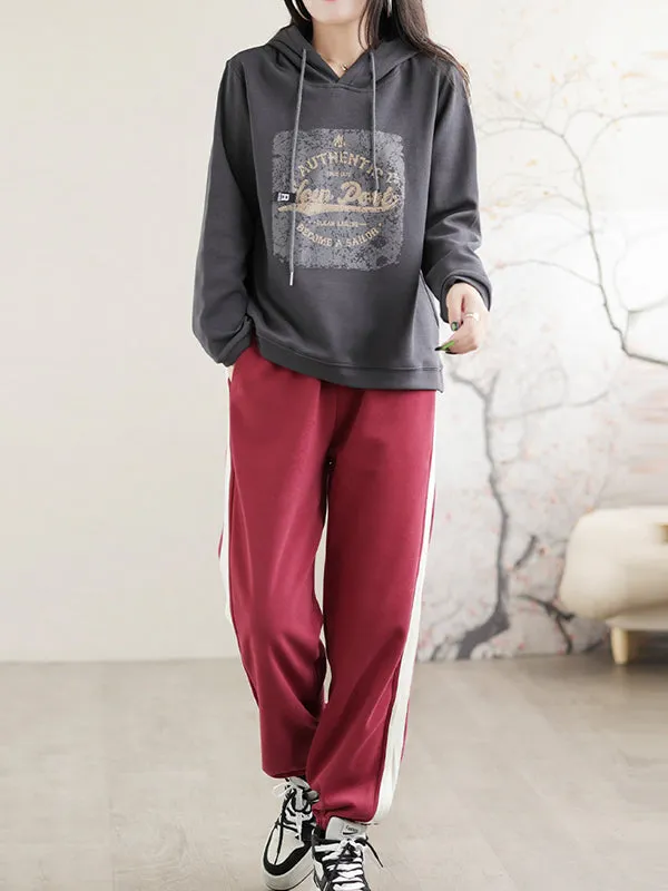 Long Sleeves Loose Drawstring Printed Hoodies Tops