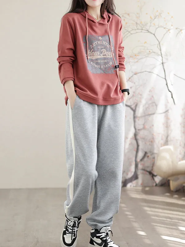Long Sleeves Loose Drawstring Printed Hoodies Tops