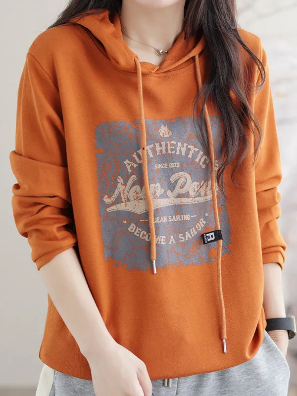 Long Sleeves Loose Drawstring Printed Hoodies Tops